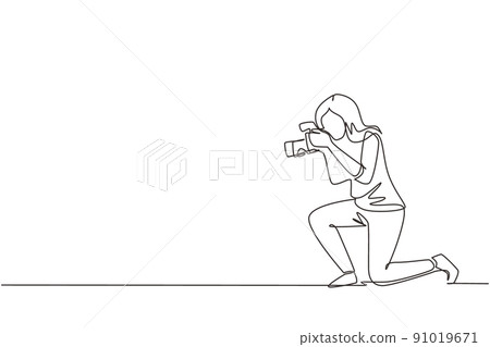 Single one line drawing photographer woman taking pictures. Photo equipment for journalist. Camera digital with high resolution. Studio photography. Continuous line draw design vector illustration Single one line drawing photographer woman taking pictures. Photo equipment for journalist. Camera digital with high resolution. Studio photography. Continuous line draw design vector illustration 91019671