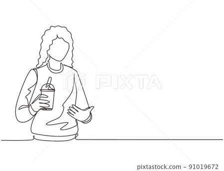 Single one line drawing happy young Asian woman showing boba milk tea, bubble milk drink, pearl milk tea. Tapioca tea, Asian exotic beverage concept. Continuous line draw design vector illustration Single one line drawing happy young Asian woman showing boba milk tea, bubble milk drink, pearl milk tea. Tapioca tea, Asian exotic beverage concept. Continuous line draw design vector illustration 91019672