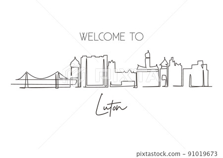 Continuous one line drawing Luton city skyline, England. Famous city for wall decor print. Best world travel destination concept. Editable stroke single line draw design vector graphic illustration Continuous one line drawing Luton city skyline, England. Famous city for wall decor print. Best world travel destination concept. Editable stroke single line draw design vector graphic illustration 91019673