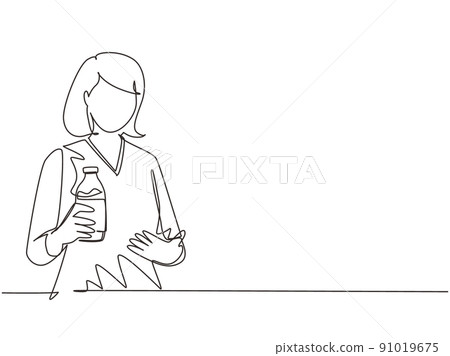 Single one line drawing young woman holds and showing bottle of fresh almond milk healthy vegetarian product smiles happily. Food nutrition for people. Continuous line draw design vector illustration Single one line drawing young woman holds and showing bottle of fresh almond milk healthy vegetarian product smiles happily. Food nutrition for people. Continuous line draw design vector illustration 91019675