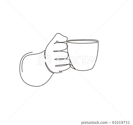 Single one line drawing hand holding hot coffee cup with steam, business person want to drink coffee. Hands worker want to drink coffee before work. Continuous line draw design vector illustration Single one line drawing hand holding hot coffee cup with steam, business person want to drink coffee. Hands worker want to drink coffee before work. Continuous line draw design vector illustration 91019731