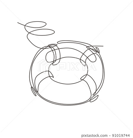 Single continuous line drawing lifebuoys, rescue belts, inflatable rubber ring with rope for help and safety of life drowning. Rescue ring for quick help. One line draw design vector illustration Single continuous line drawing lifebuoys, rescue belts, inflatable rubber ring with rope for help and safety of life drowning. Rescue ring for quick help. One line draw design vector illustration 91019744