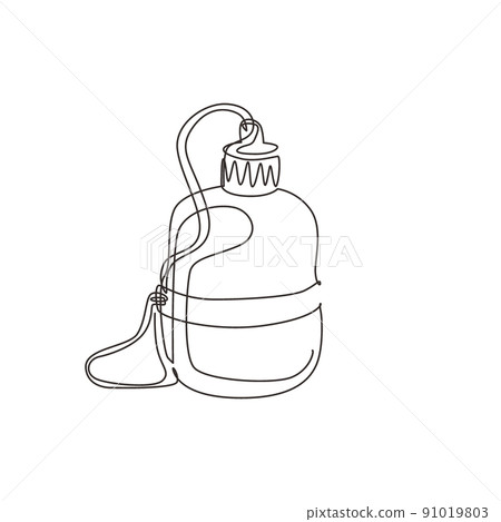 Continuous one line drawing thermal cup and flask, compact drink bottle. Travel equipment, camping, hiking tools. Element for design print, card, sticker. Single line draw design vector illustration 91019803