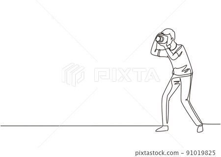 Single continuous line drawing photographer taking photo pose. Camera and professional operator, correspondent man. Male with camera making pictures. One line draw graphic design vector illustration 91019825