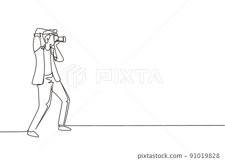 Continuous one line drawing photographer aiming target photos, People holding camera, taking photos. Professional photographer taking pictures. Single line draw design vector graphic illustration Continuous one line drawing photographer aiming target photos, People holding camera, taking photos. Professional photographer taking pictures. Single line draw design vector graphic illustration 91019828