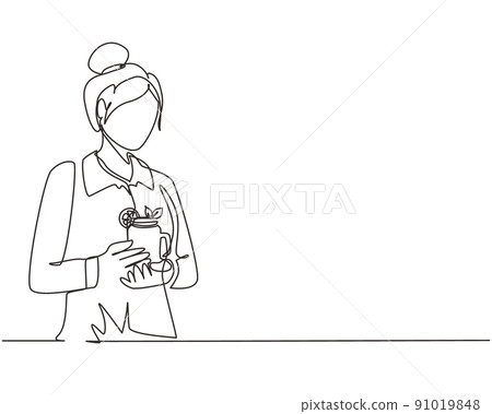 Single continuous line drawing young woman teacher hand holding mug of orange juice at office in morning daylight. Leisure time before start teaching at university. One line draw graphic design vector Single continuous line drawing young woman teacher hand holding mug of orange juice at office in morning daylight. Leisure time before start teaching at university. One line draw graphic design vector 91019848