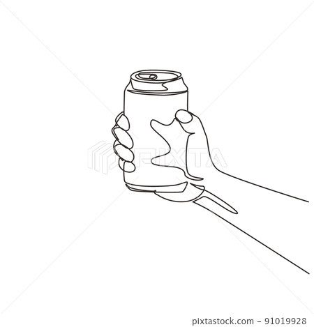 Single continuous line drawing hand holding a aluminum can drink without labels. Beverages in metal containers. Refreshing drink for people. Dynamic one line draw graphic design vector illustration 91019928