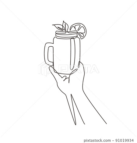 Continuous one line drawing freshly squeezed lemon-orange juice with ice with mint leaves in female hands. Woman holding vintage mug with citrus cool lemonade drink. Single line draw design vector Continuous one line drawing freshly squeezed lemon-orange juice with ice with mint leaves in female hands. Woman holding vintage mug with citrus cool lemonade drink. Single line draw design vector 91019934
