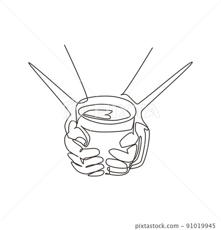 Single one line drawing cup of tea in hands of men. Man warming hands touching a hot cup of tea. Time relax in the morning with tea or coffee. Continuous line draw design graphic vector illustration 91019945