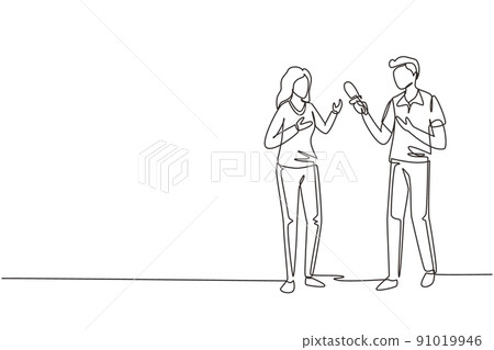 Single one line drawing male tv reporter interviewing questions. Man holding an interview with woman, professional journalist in conversation. Continuous line draw design graphic vector illustration 91019946