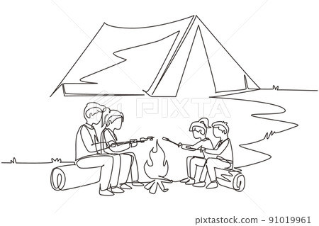 Single one line drawing happy family sit by campfire. Cheerful tourists, campers. Mom dad and kids roast marshmallows. Night camping adventure trip. Continuous line draw design vector illustration Single one line drawing happy family sit by campfire. Cheerful tourists, campers. Mom dad and kids roast marshmallows. Night camping adventure trip. Continuous line draw design vector illustration 91019961