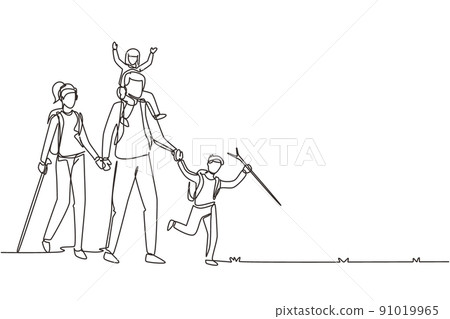 Single continuous line drawing happy family is hiking in the forest. Father, mother and children hiking and camping with backpack at nature. Dynamic one line draw graphic design vector illustration 91019965