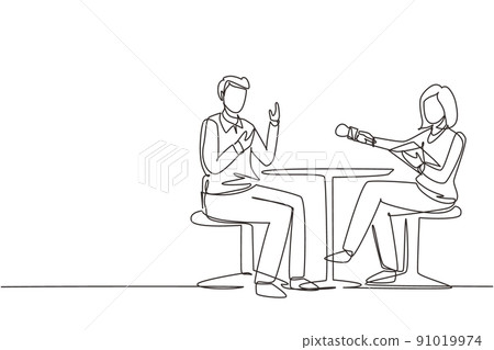 Continuous one line drawing TV presenter woman interviewing celebrity men in television studio shooting interview. Show host, guest talking. TV interview. Single line draw design vector illustration 91019974
