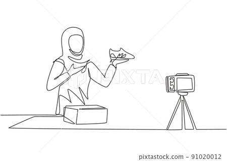 Single one line drawing beautiful Arab female fashion blogger talking about trendy sneakers while making a video for her blog. Blogging about new products, trends. Continuous line draw design vector 91020012