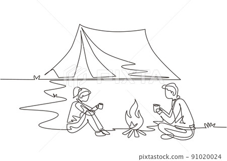 Single continuous line drawing camping or hiking couple around campfire tents. Man woman sitting on ground and drinking hot tea getting warm near bonfire. One line draw design vector illustration 91020024