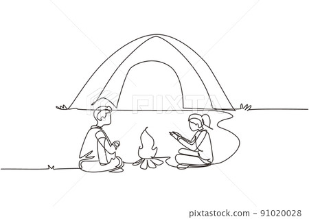 Single one line drawing couple camping around campfire tents. Man woman warm their hands near bonfire, man playing guitar. Nature exploration trip. Continuous line draw design vector illustration 91020028