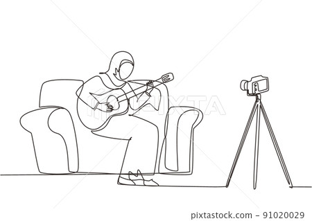 Continuous one line drawing Arab woman blogger recording, live steam playing guitar on social media. Concept of guitarist online lesson while stay at home. Single line draw design vector illustration 91020029