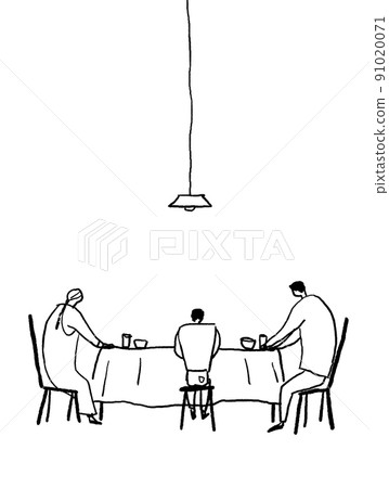 Family B sitting at the table, vertical, line drawing (with electricity) Family B sitting at the table, vertical, line drawing (with electricity) 91020071