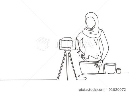 Continuous one line drawing Arabian woman preparing dessert at kitchen, stirring dough with spatula. Cooking live streaming. Blogger prepares meal online. Single line draw design vector illustration 91020072