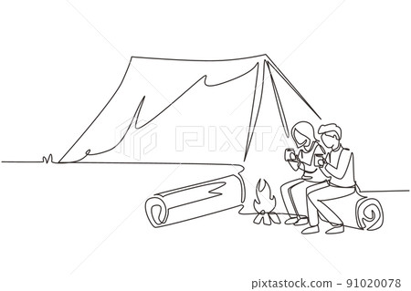 Continuous one line drawing couple sit on logs near bonfire, active recreation, romantic date camping. Man woman drink hot tea getting warm near campfire. Single line draw design vector illustration Continuous one line drawing couple sit on logs near bonfire, active recreation, romantic date camping. Man woman drink hot tea getting warm near campfire. Single line draw design vector illustration 91020078