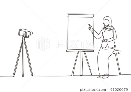 Single continuous line drawing Arabian woman giving presentation to camera doing webinar. Blogging, online training and conferences concept. Camera on tripod. One line draw design vector illustration 91020079