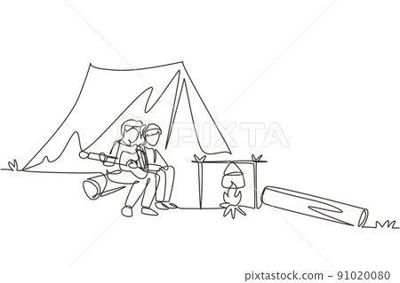 Single one line drawing couple hikers sitting on log cooking water in boiling pot, man playing guitar at bonfire near camp tent camping nature mountain. Continuous line draw design vector illustration Single one line drawing couple hikers sitting on log cooking water in boiling pot, man playing guitar at bonfire near camp tent camping nature mountain. Continuous line draw design vector illustration 91020080