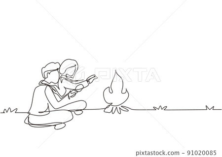 Single continuous line drawing romantic couple camping around campfire tents. Man woman warm their hands near bonfire sitting on ground. Nature trip. One line draw graphic design vector illustration 91020085