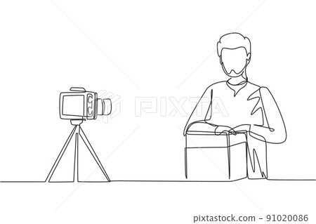Single one line drawing Arab male vlogger unboxing, review product live on youtube in studio. Social media influencer recording unboxing video at home. Continuous line draw design vector illustration Single one line drawing Arab male vlogger unboxing, review product live on youtube in studio. Social media influencer recording unboxing video at home. Continuous line draw design vector illustration 91020086