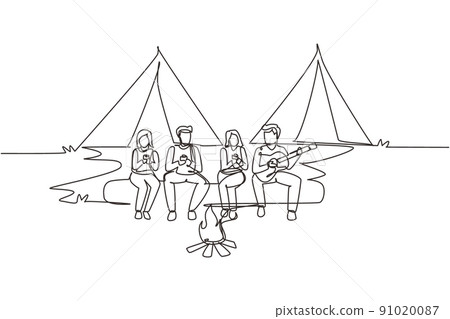 Single one line drawing two couple hikers sitting on log of wood near campfire in forest. People drinking hot tea and man playing guitar. Camping gear and backpack. Continuous line draw design vector Single one line drawing two couple hikers sitting on log of wood near campfire in forest. People drinking hot tea and man playing guitar. Camping gear and backpack. Continuous line draw design vector 91020087
