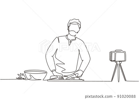 Continuous one line drawing Arabian chef standing in kitchen and cutting onion while filming himself for blog. On kitchen counter are vegetables and spices. Single line draw design vector illustration 91020088