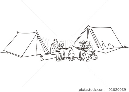 Single continuous line drawing friends sit on logs by campfire. Young tourists, campers in forest. Students roast marshmallows. Night camping entertainment. One line draw design vector illustration Single continuous line drawing friends sit on logs by campfire. Young tourists, campers in forest. Students roast marshmallows. Night camping entertainment. One line draw design vector illustration 91020089