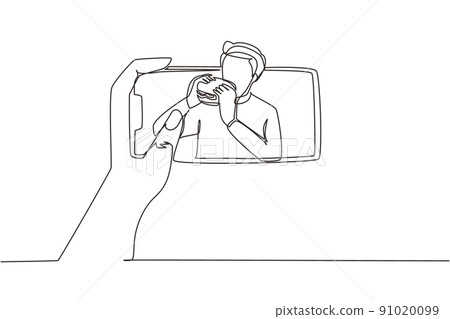 Continuous one line drawing male food blogger eating burger while creating new video for his live stream channel with smartphone. Food concept. Gastronomy. Single line draw design vector illustration Continuous one line drawing male food blogger eating burger while creating new video for his live stream channel with smartphone. Food concept. Gastronomy. Single line draw design vector illustration 91020099