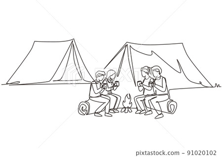 Single continuous line drawing happy two pair man and woman getting warm near campfire. Group of people camping drinking tea sitting on logs in forest. One line draw graphic design vector illustration 91020102