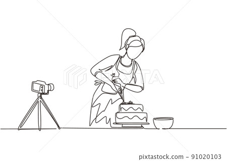 Single continuous line drawing girl baking and decorating cake at kitchen. Woman blogger recording video on camera, using tripod, posting it on social media. One line draw design vector illustration 91020103