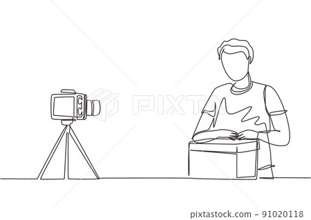 Single continuous line drawing male vlogger unbox and review product live on youtube in studio. Social media influencer recording unboxing video at home. One line draw design vector illustration 91020118