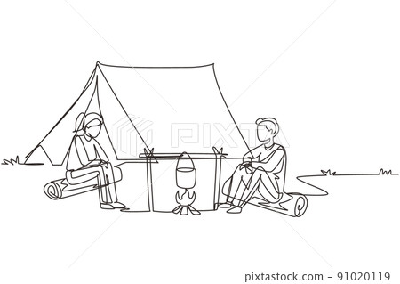 Continuous one line drawing couple man woman hikers sitting on log cooking meals in bowler boiling pot at campfire near camp tent camping nature mountains. Single line draw design vector illustration 91020119