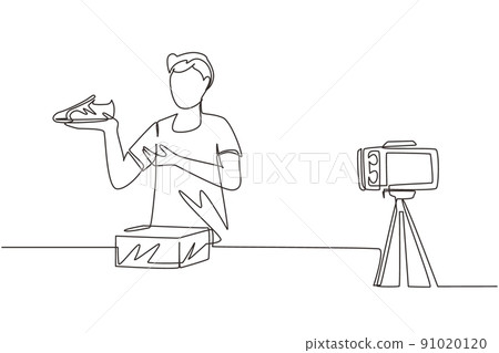 Single one line drawing male blogger makes video review on camera on topic of sneakers. Online shopping, social media and influencer concept. Continuous line draw design graphic vector illustration 91020120