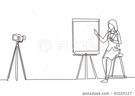 Continuous one line drawing woman giving presentation to camera doing webinar. The concept of blogging, online training and conferences. Camera on tripod. Single line draw design vector illustration 91020127