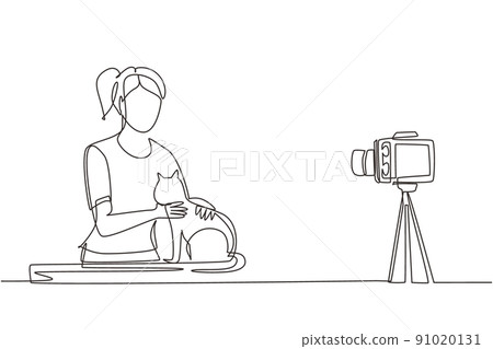 Continuous one line drawing vet blogger sitting in front of camera with cats and recording video blog about animals, pets. Zoo psychologist creating content for vlog. Single line draw design vector 91020131