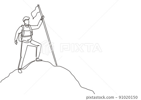 Single continuous line drawing backpacker, hiker, man traveller or explorer standing, holding flag and looking at nature. Hiking, backpacking, adventure tourism and travel. One line draw design vector 91020150