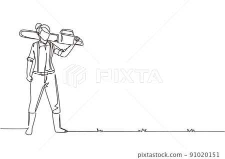 Continuous one line drawing woman woodcutter holding chainsaw on her back. Wearing suspender shirt, jeans and boots. Female lumberjack pose on logging forest. Single line draw design vector graphic 91020151