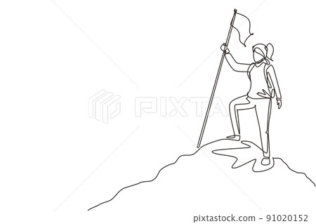 Single one line drawing woman climber standing on top of mountain with flag. Young smiling mountaineer climbing on rock. Adventure tourism trip. Continuous line draw design graphic vector illustration 91020152