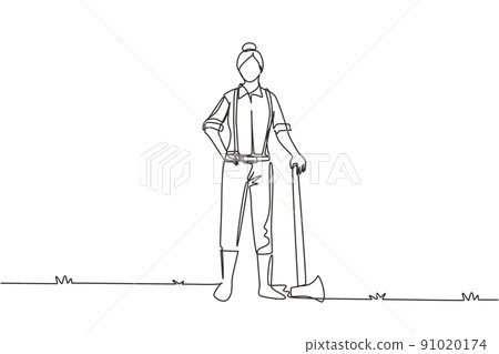 Single one line drawing woman lumberjack with axe standing wearing suspender shirt, jeans and boots. Female woodcutter pose on logging forest. Continuous line draw design graphic vector illustration Single one line drawing woman lumberjack with axe standing wearing suspender shirt, jeans and boots. Female woodcutter pose on logging forest. Continuous line draw design graphic vector illustration 91020174