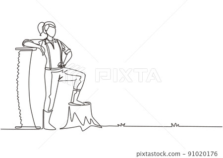 Continuous one line drawing beautiful woman lumberjack wearing suspender shirt, standing with big steel saw, posing with one foot on a tree stump. Single line draw design vector graphic illustration 91020176