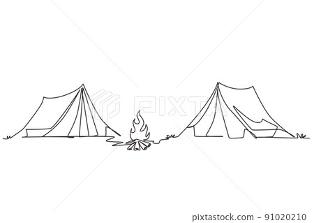 Single one line drawing two tent with bonfire. Climbing, trekking, hiking, walking. sports, camping, outdoor recreation, adventures in nature, vacation. Continuous line draw design vector illustration Single one line drawing two tent with bonfire. Climbing, trekking, hiking, walking. sports, camping, outdoor recreation, adventures in nature, vacation. Continuous line draw design vector illustration 91020210
