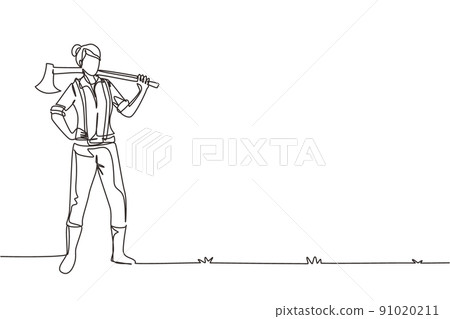 Continuous one line drawing woman lumberjack pose on logging forest. Female lumberjack standing and holding on her shoulder a ax with long wooden handle. Single line draw design vector illustration Continuous one line drawing woman lumberjack pose on logging forest. Female lumberjack standing and holding on her shoulder a ax with long wooden handle. Single line draw design vector illustration 91020211