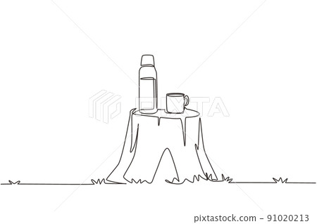 Single continuous line drawing thermos mug with hot drink on log table. Steam comes from the mug. Vacuum thermos stands on tree stump in the wild. One line draw graphic design vector illustration Single continuous line drawing thermos mug with hot drink on log table. Steam comes from the mug. Vacuum thermos stands on tree stump in the wild. One line draw graphic design vector illustration 91020213