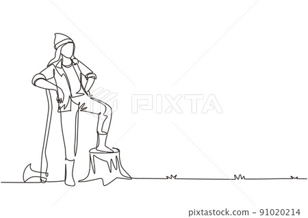 Continuous one line drawing beautiful woman lumberjack wearing workwear and beanie hat, standing with axe and posing with one foot on a tree stump. Single line draw design vector graphic illustration 91020214
