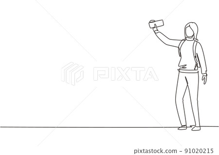 Continuous one line drawing woman making selfie with smartphone. Travel girl with backpack taking selfie. Tourism nature backpacking or trekking. Single line draw design vector graphic illustration 91020215