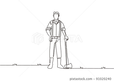 Single one line drawing lumberjack with axe... - Stock Illustration ...
